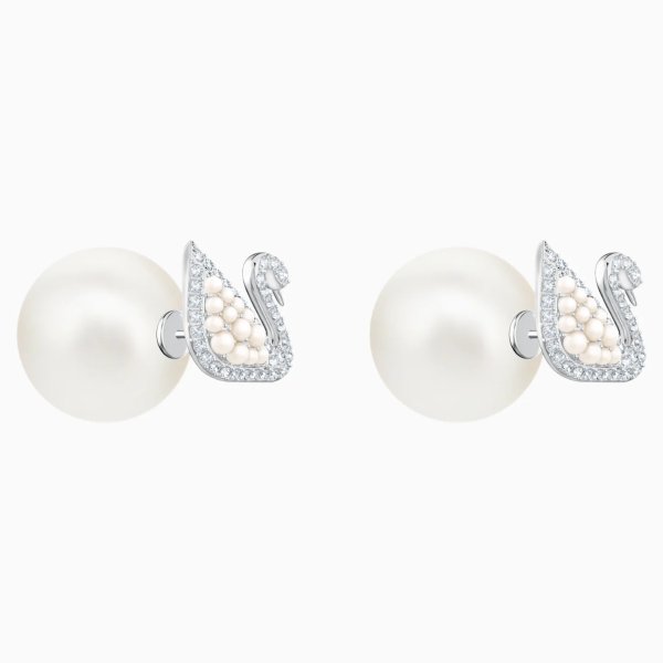 Iconic Swan Stud Pierced Earrings, White, Rhodium plating by SWAROVSKI