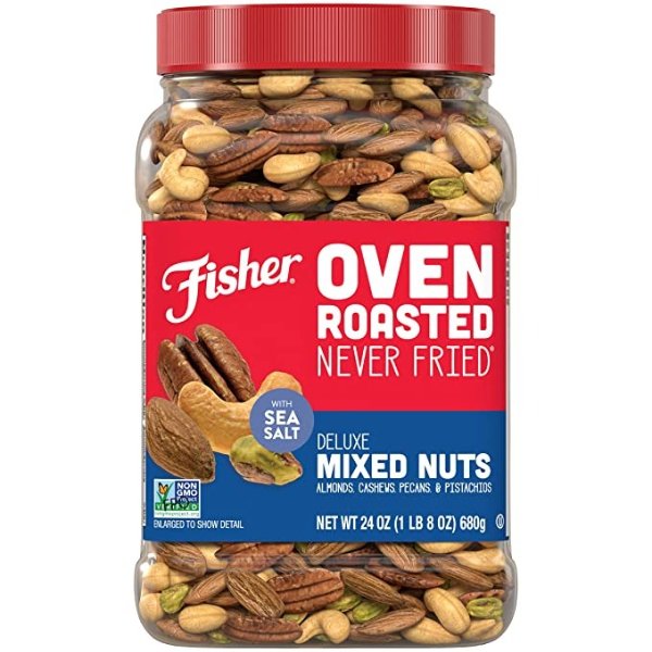 Fisher Snack Oven Roasted Never Fried, Deluxe Mixed Nuts, 24oz (Pack of 1), Almonds, Cashews, Pecans, Pistachios, Made With Sea Salt