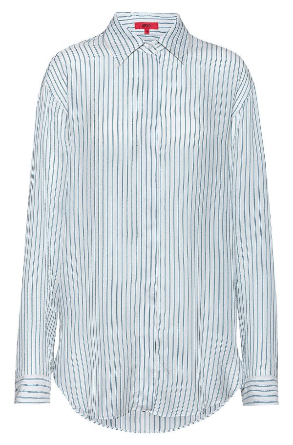 Oversized-fit striped blouse with dropped shoulders by hugo Slim-fit pants in pique fabric with logo-ribbon trim by hugo