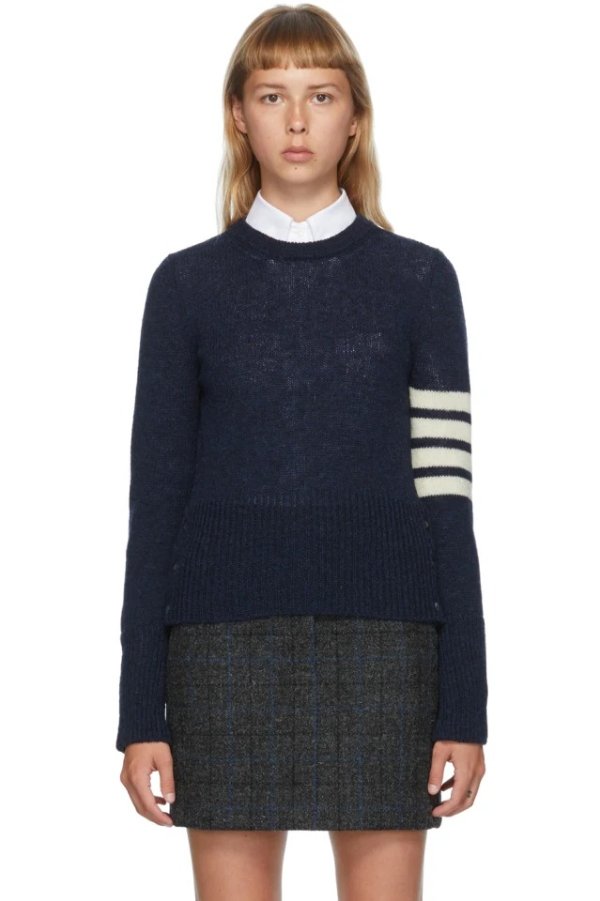 Navy Shetland Wool 4-Bar Sweater