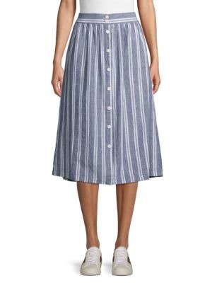 Stripe Linen & Cotton Blend Midi Skirt
