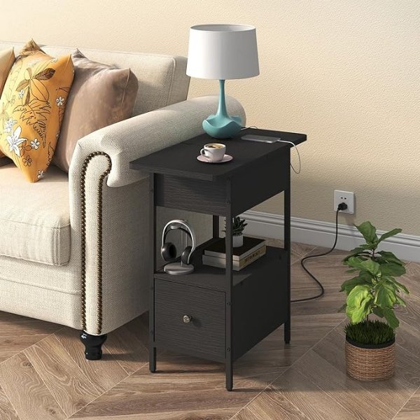 SOOWERY End Table with Charging Station, Narrow Side Table with Flip Top Cabinet and Fabric Drawer, Nightstand Bedside Tables for Small Spaces, Bedroom, Living Room, Black