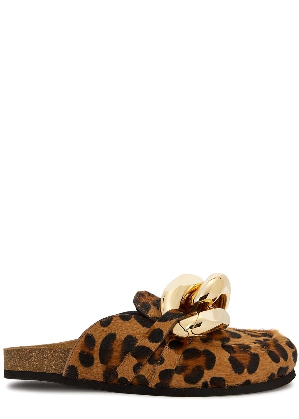 Leopard-print chain-embellished calf hair mules