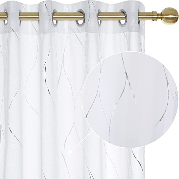 White Sheer Curtains - Grommet Silver Foil Printed, Wave Pattern and Linen Look Voile Drapes, 52W x 84L in, 2 Panels