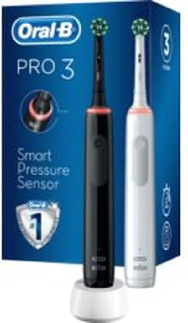 Pro 3 3900 Electric Toothbrush/Electric Toothbrush, Twin Pack & 3 Replacement Brushes, with 3 Cleaning Modes and Visual 360° Pressure Control for Dental Care, Gift Man/Women, White/Black