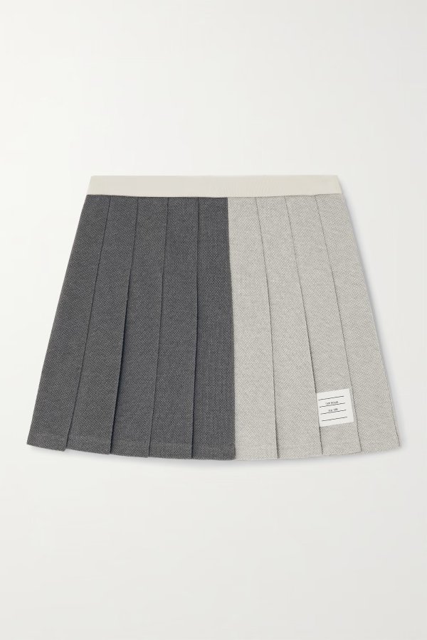 Pleated color-block cotton-pique mini skirt