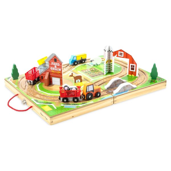 17-Piece Wooden Take-Along Tabletop Farm, 4 Farm Vehicles, Play Pieces, Barn, Grain House
