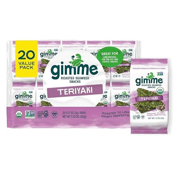 gimMe Organic Roasted Seaweed Sheets - Teriyaki - 20 Count - Keto, Vegan, Gluten Free - Great Source of Iodine and Omega 3’s - Healthy On-The-Go Snack for Kids & Adults