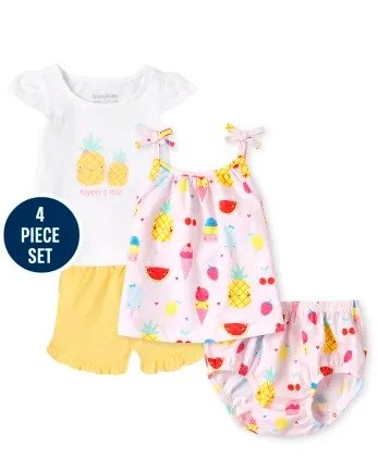 Baby Girls Sleeveless Pineapple Print Top Short Sleeve Pineapple Graphic Top Knit Ruffle Shorts And Pineapple Print Knit Bloomers 4-Piece Playwear Set | The Children's Place