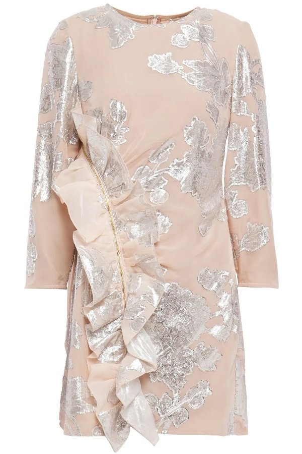 Ruffled metallic fil coupe silk-blend mini dress