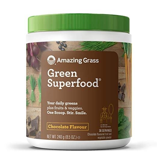 Green Superfood: Organic Wheat Grass and 7 Super Greens Powder, 2 servings of Fruits & Veggies per scoop, Chocolate Flavor, 30 Servings