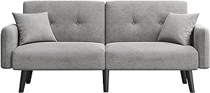 Sofa Bed, 74 inch Futon Couch Bed, Adjustable Split Backrest, Modern Fabric Sleeper Bed w/2 Pillows, 2 Seater Loveseat Sofas for Living Room, Guest Room, Bedroon, Office, Grey