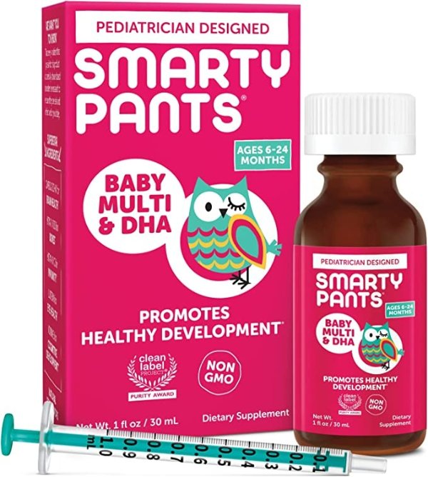 SmartyPants Baby Multi & DHA Liquid Multivitamin: Vitamin C, D3, E, Gluten Free, Choline, Lutein, for Infants 6-24 Months, Immune Support, Includes Syringe, Natural Fruit Flavor (30 Day Supply)