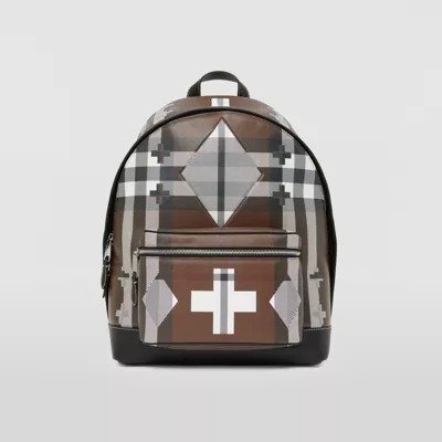 Geometric Check and Leather Backpack