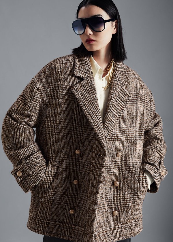 羊毛混纺格纹短款大衣