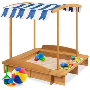 Last Day: Kids Wooden Cabana Sandbox w/ Benches, Canopy Shade, Sand Cover, 2 Buckets