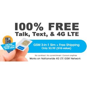 FreedomPop 100% 免费 4G LTE 三合一Sim卡套装 + 8GB microSD卡