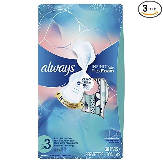 Infinity Size 3 Feminine Pads with Wings, Super Absorbency, 28 Count - Pack of 3 (84 Total Count)