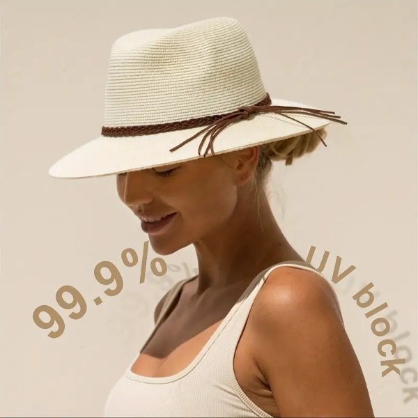 Classic Panama Fedora Cap Braided Belt Decor Straw Sun Hat Simple Unisex Travel Beach Hats For Women