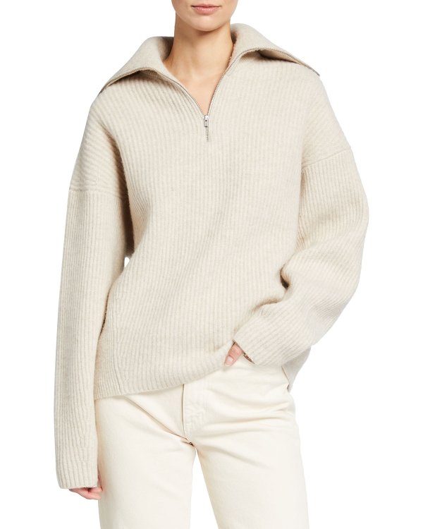 Wool-Cashmere Half-Zip Ribbed Pullover