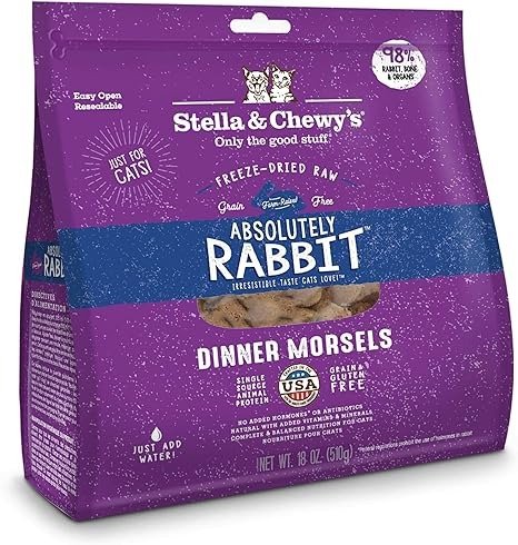 Freeze-Dried Raw Cat Dinner Morsels – Grain Free, Protein Rich Cat & Kitten Food – Absolutely Rabbit Recipe – 18 oz Bag