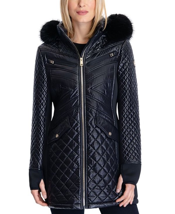 Faux-Fur-Trim Hooded Quilted Coat