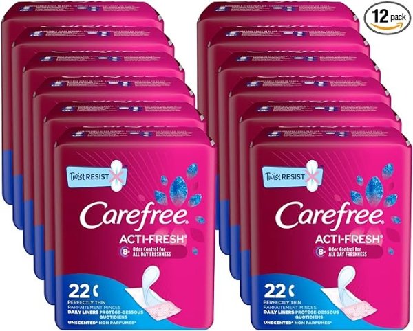 Acti-Fresh Panty Liners, Thin to Go, Unscented, 22 Count (Pack of 12)