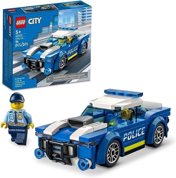 City Police Car 60312 Building Kit for Kids Aged 5 and Up; Includes a Police Officer Minifigure with a Toy Flashlight and a Police Cap (94 Pieces)