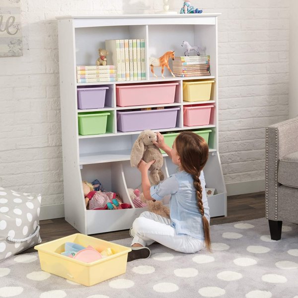 Wooden Wall Storage Unit with 8 Plastic Bins and 13 Compartments - White, Gift for Ages 3+