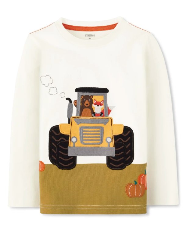 Boys Embroidered Tractor Top - Autumn Harvest - snow