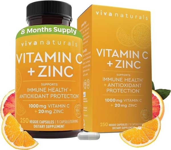 Vitamin C and Zinc Supplement (250 Capsules) - 1000 mg Vitamin C with Zinc 20 mg Antioxidant Supplements for Immune Support, Plant Based Zinc and Vitamin C Supplement for Adults