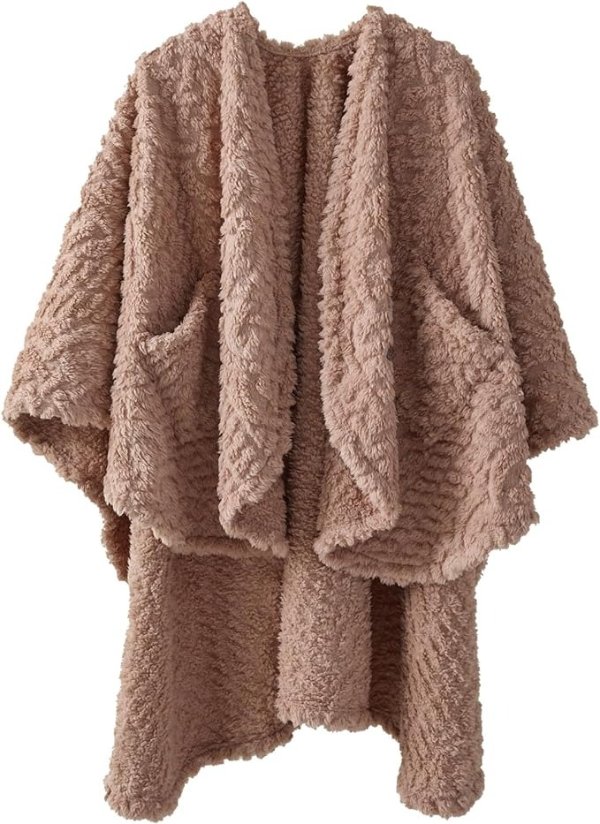 Fuzzy Sherpa Wearable Fleece Blanket with Pockets for Adults, Ultra Soft Plush Shawl TV Throw Blankets (Blush, 58'' x 64'')