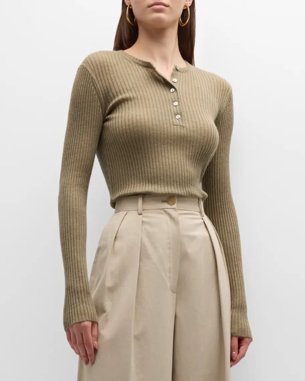 Cashmere and Silk Ribbed Henley Shirt