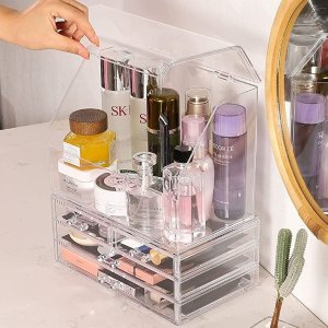 KLGO X Large Clear Makeup Organizer With Lid Waterproof Dustproof Skin Care Cosmetic Display Cases