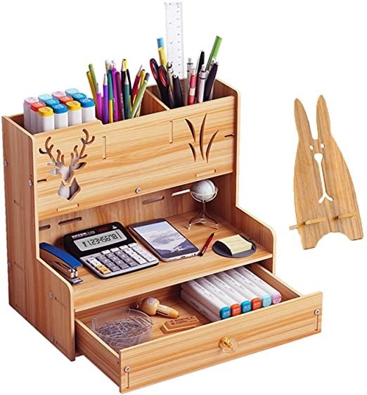 Wooden Pen Organizer, Multi-Functional DIY Pen Holder Box, Art Supply Organizer, Easy Assembly, Desktop Stationary Storage with Drawer for Home Office Supplies (B14-Cherry Color)
