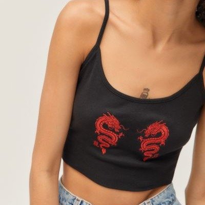Embroidered Dragon Cropped Tank Top