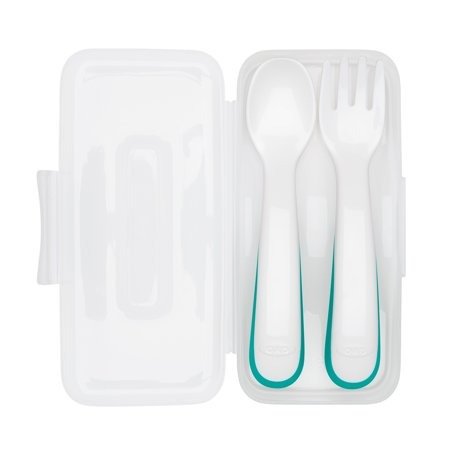 Transitions Straw Cup, with Stick & Stay Divided Plate, and On-The-Go Plastic Fork And Spoon Set with Travel Case, Teal