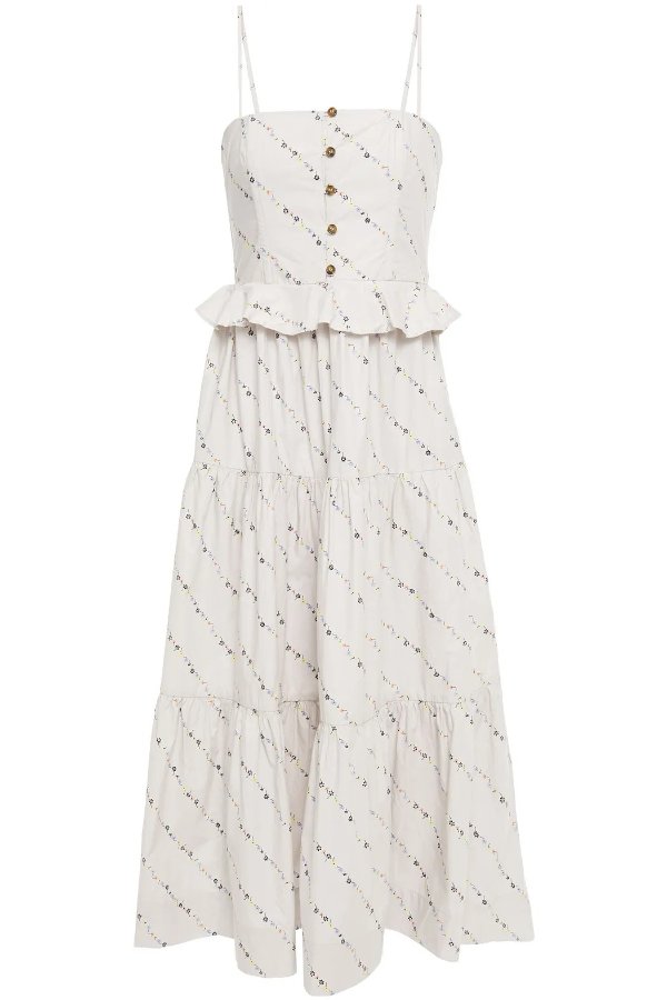 Ruffle-trimmed floral-print cotton-poplin midi dress