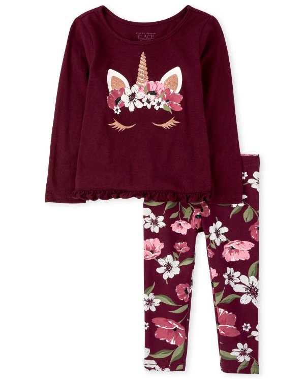 Toddler Girls Long Sleeve Floral Unicorn Top And Leggings Outfit Set