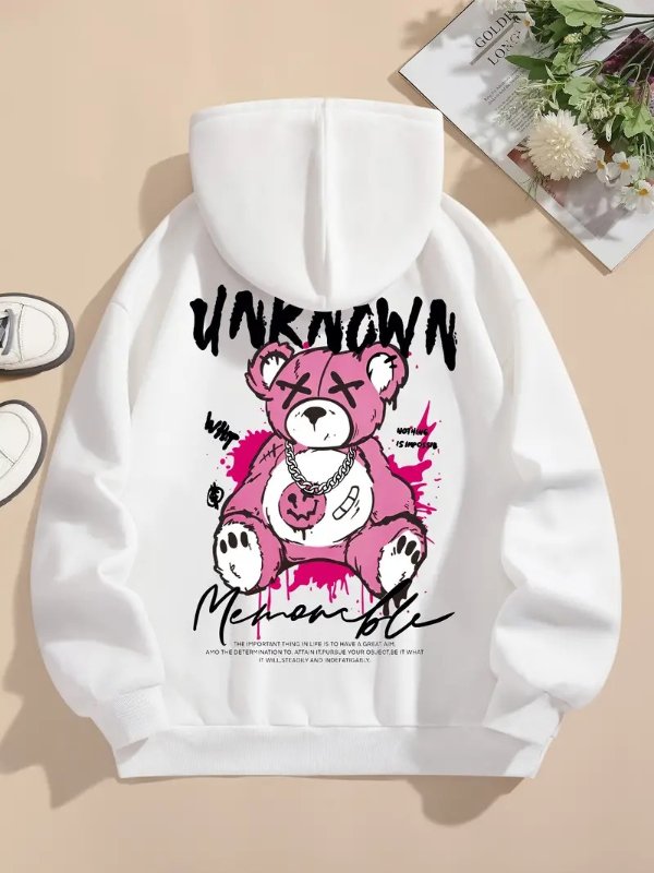 Women's Casual Long Sleeve Hooded Sweatshirt with Cute Cartoon Bear Print and Drawstring, Soft and Comfortable Fabric for Everyday Wear