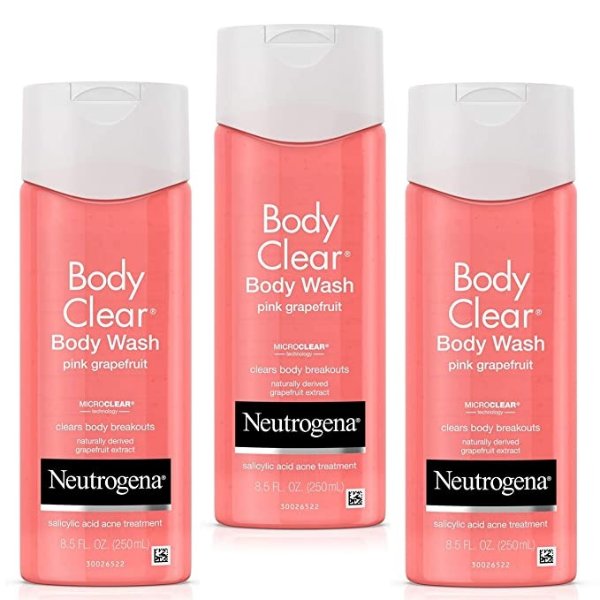 Body Clear Body Wash with Salicylic Acid Acne Treatment to Prevent Breakouts, Pink Grapefruit Scent, 8.5 fl. oz (3 Pack)