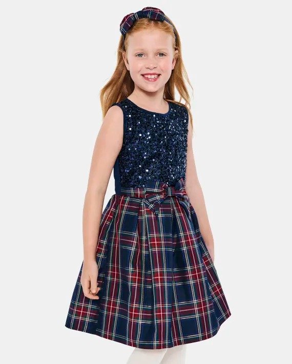 Girls Matching Family Christmas Sleeveless Sequin Plaid Woven Fit And Flare Dress | The Children's Place - TIDAL