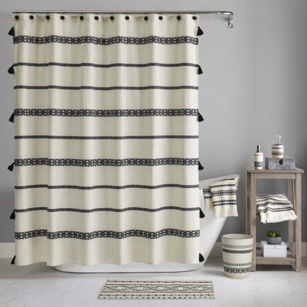 Boho Chic Cotton Shower Curtain, Beige, Black, Better Homes & Gardens, 72” x 72”