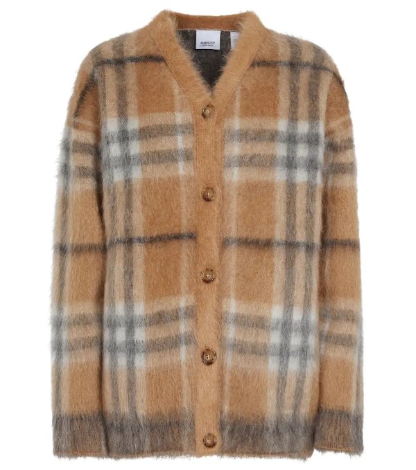 Checked mohair, wool and silk cardigan