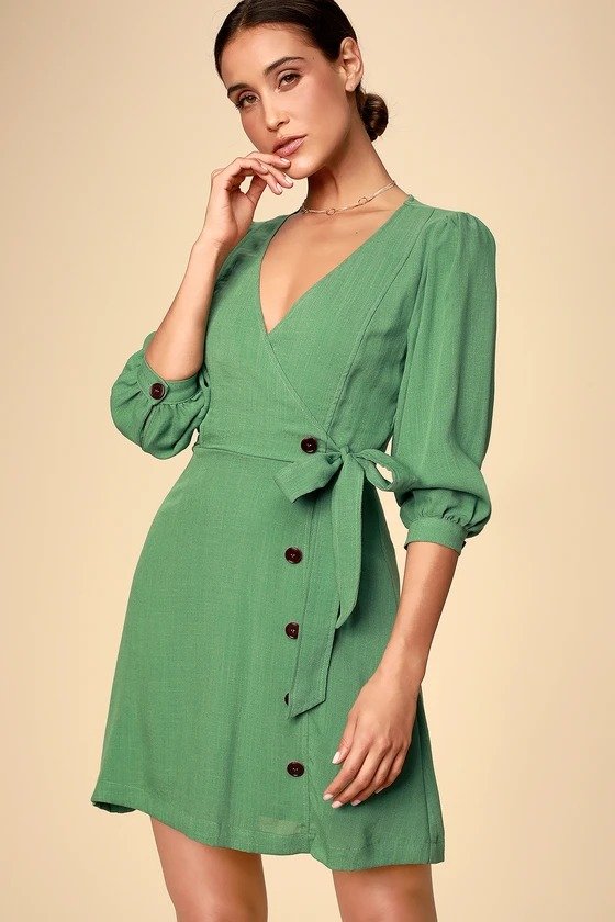 复古绿系带连衣裙