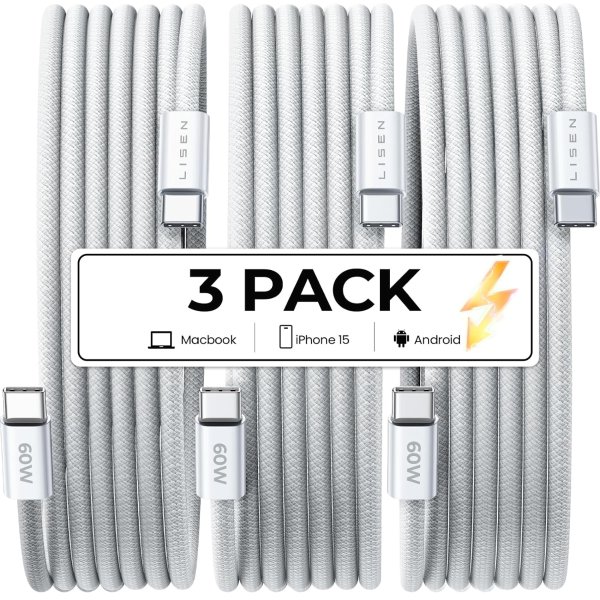 LISEN USB C to USB C Cable 60W 3-Pack 6.6ft