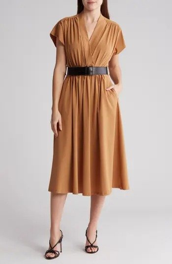 Short Sleeve Belted Midi Dress