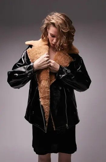 Women's Faux Leather Biker Jacket with Faux Fur Trim