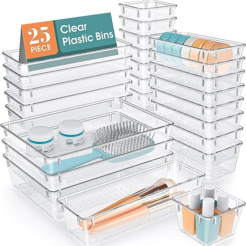 WOWBOX 25 PCS Clear Plastic Drawer Organizer Set