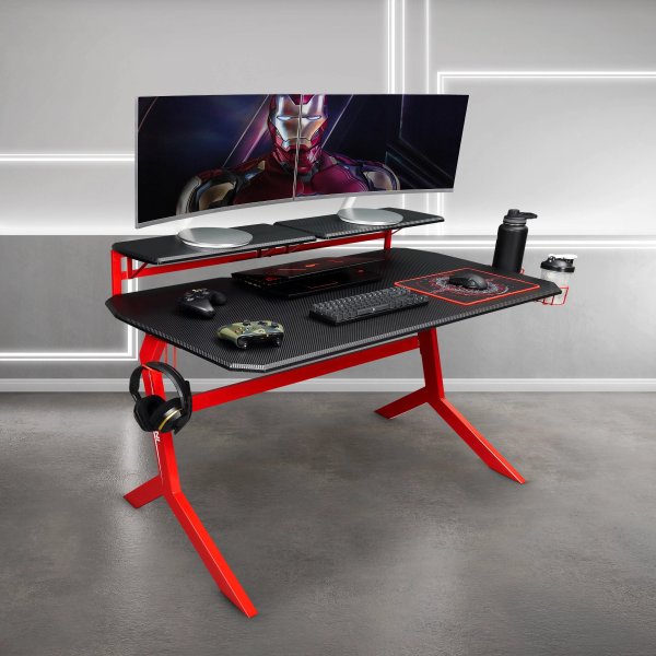 Techni Sport Red Stryker Gaming Desk with Headphone Holder and Shelving, Red